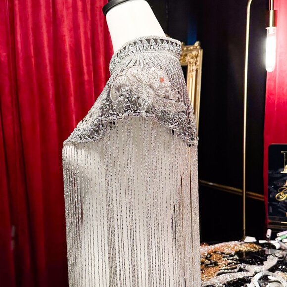 Silver Sequin Fringe Cape, Rhinestone Shawl, Luxury Beaded Cape, Festival Outfit - Picture 13 of 13